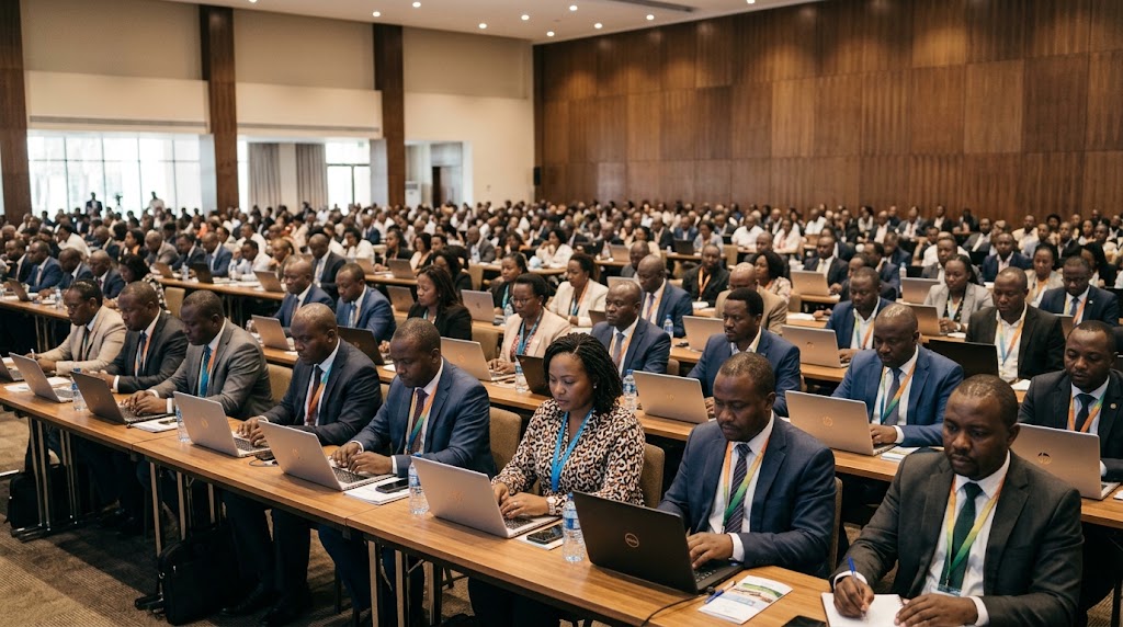 Representative image of a large wood-paneled conference hall filled with rows of delegates working on laptops during a session