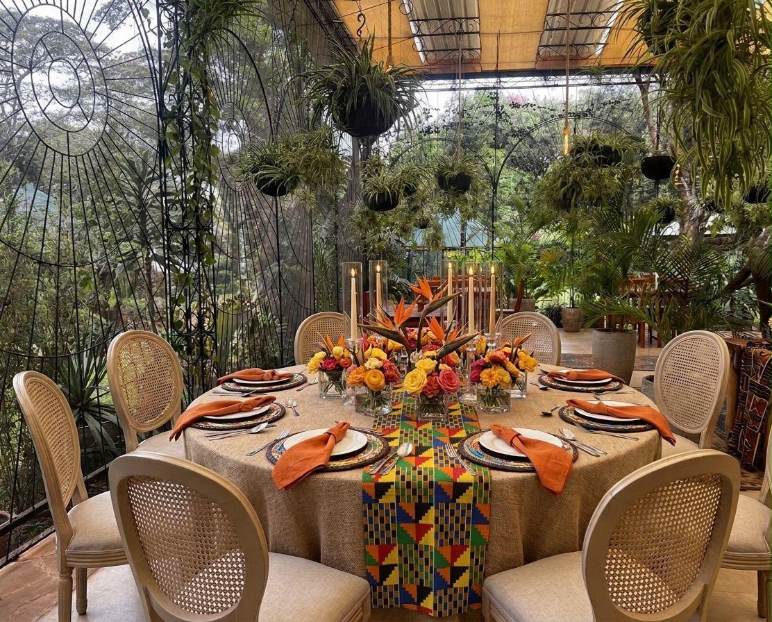 Round table on a garden terrace set with a kente-print runner, orange napkins, candles and a floral centerpiece with birds-of-paradise